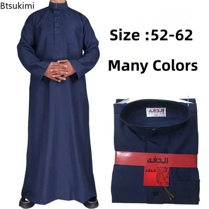 New 2025 Middle East Muslim Men Dress Long Sleeve Jubba Thobe Ramadan Eid Dishdasha Robe Muslim Islamic Kaftans Arab Clothing