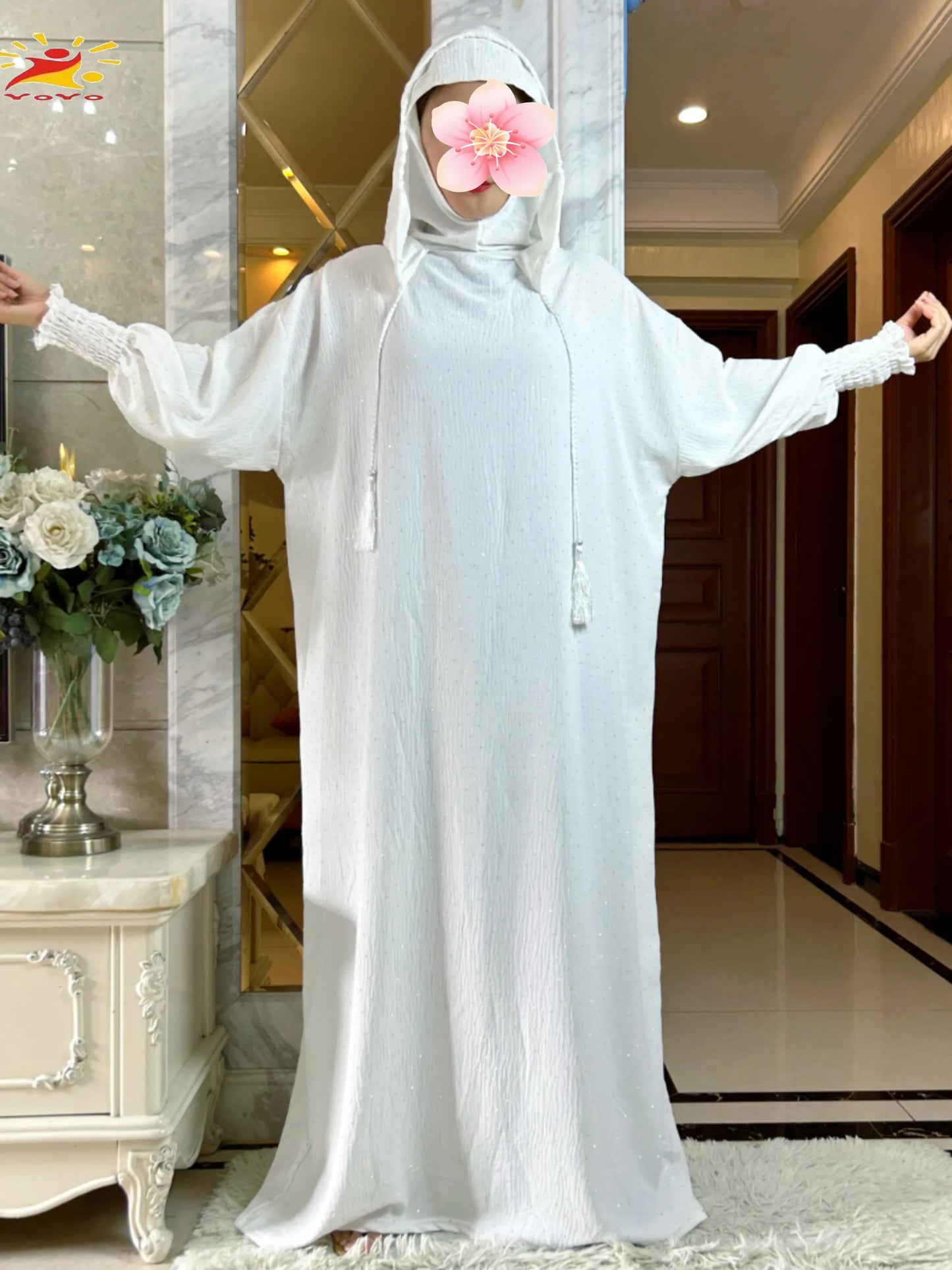 New Ramadan Muslim Double hat Solid Cotton Abaya Dubai Turkey Islam Prayer ClothesWith Stones Dress Islam Women Dress Kaftan