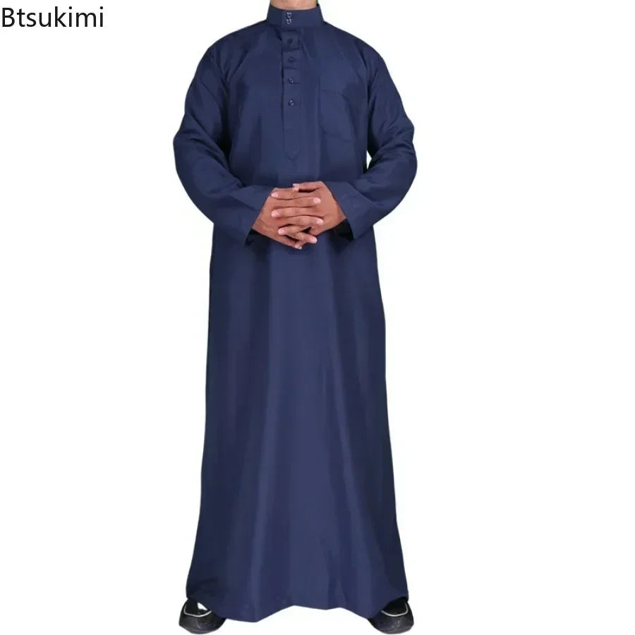 New 2025 Middle East Muslim Men Dress Long Sleeve Jubba Thobe Ramadan Eid Dishdasha Robe Muslim Islamic Kaftans Arab Clothing