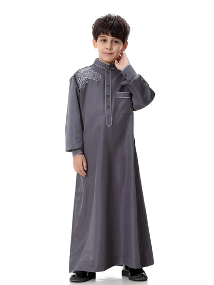 Ramadan Muslim Children Solid Robe Luxury Embroidery Islamic Arab Boys Abaya Singel-Breasted Long Sleeve Dress Dubai Jubba Thobe