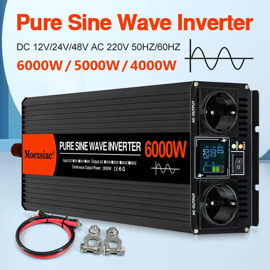 Moexsiac Pure Sine Wave Solar Inverter 4000W 5000W 6000W Double EU Socket DC 12V 24V 48V To AC 220V 50Hz 60Hz Voltage Converters