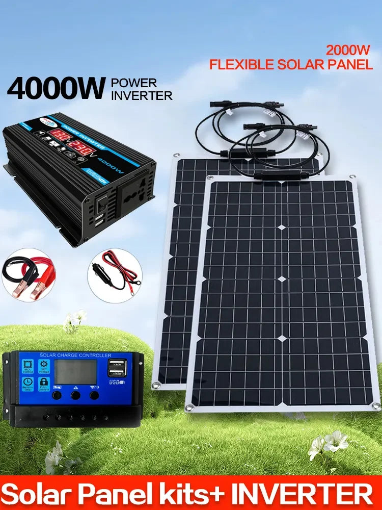 110V 220V 2000W flexible Solar Panel System 12V Battery Charging Controller 4000W Solar Inverter Kit Complete For Home Outdoor