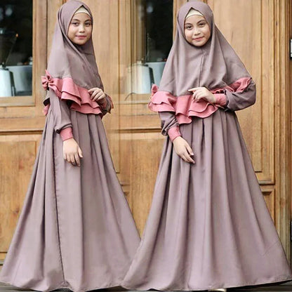 2Pcs Muslim Kids Hijab Dress Abaya Set Islamic Children Eid Ramadan Prayer Burka Arab Girls Khimar Headscarf Niqab Robe Clothing