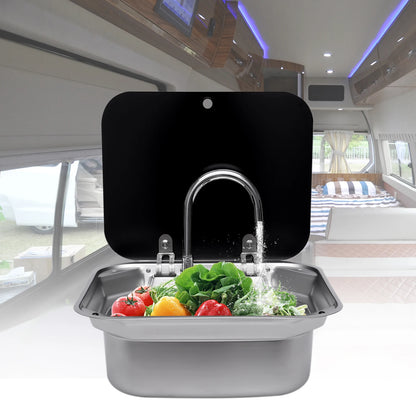 Steel Hand Wash Basin Sink with tap with Folded Faucet Tempered Glass Lid van Camper Trailer Accessories for RV Caravan or Boat