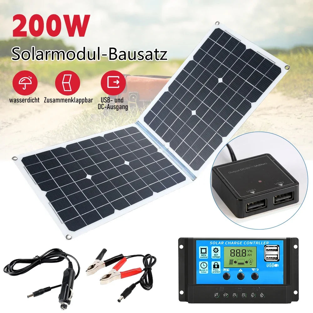 200W Foldable Solar Panel 12V Solar Cell with 100A Controller USB Battery Charger Solar Panel Kit for Phone RV Car Charging