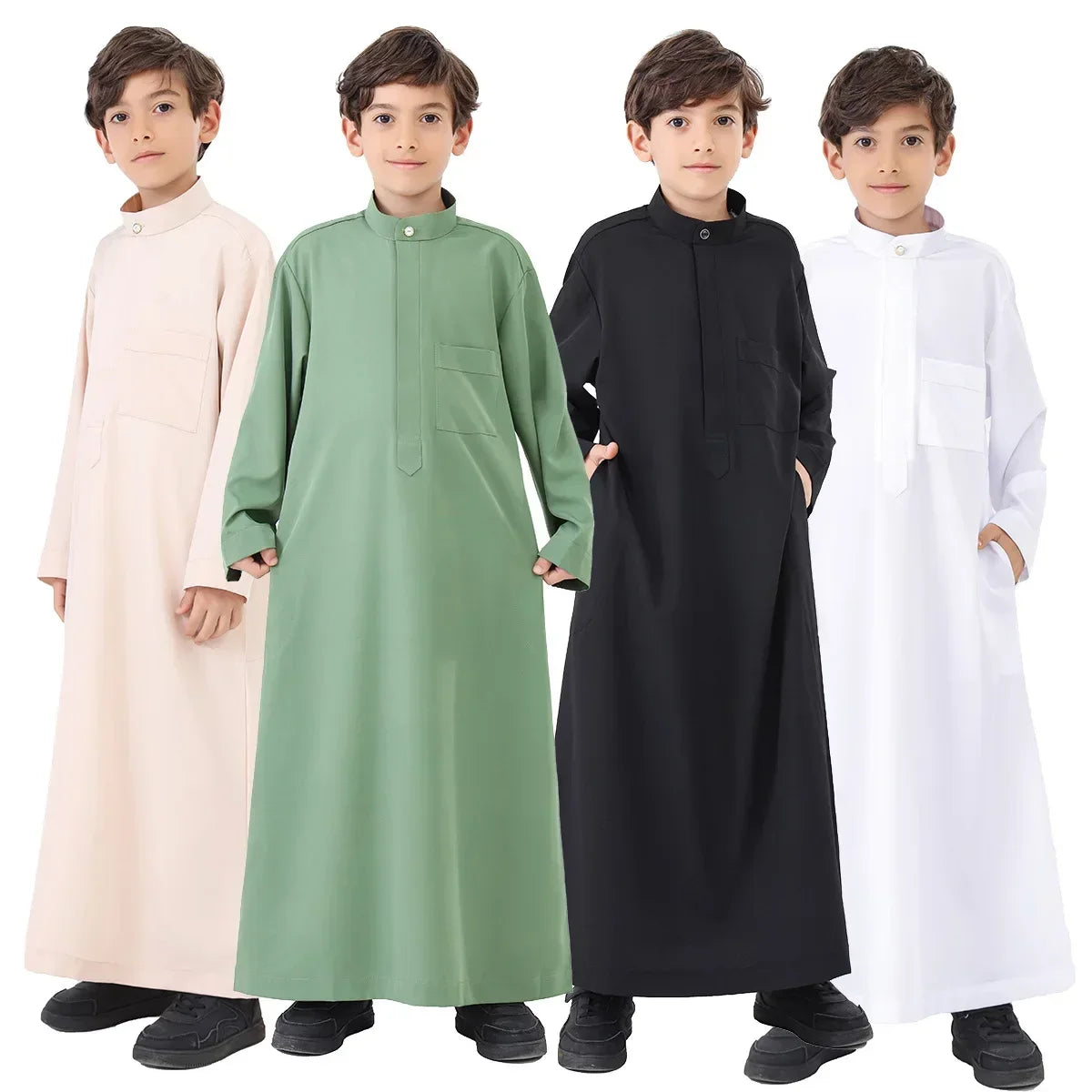 Ramadan Eid Muslim Solid Color Robe Islamic Arab Children Long Sleeve Dress Jubba Thobe Abaya Dubai Boys Clothing Turkey 2025