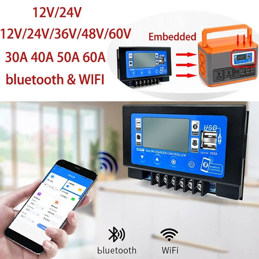 12V 24V 60V bluetooth Wifi Solar Charge Controller 30A 60A Embedded Snap-on Energy Storage MPPT Controller Dual USB LCD Display