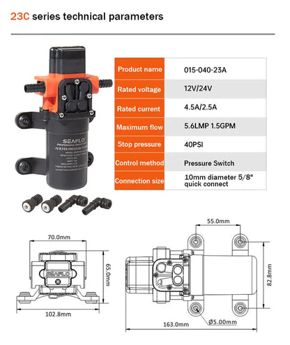 SEAFLO Diaphragm Pump DC Marine Pump 12V Water Pump 23C Series Automatic Fresh Water Pump For RV Boat Yacht