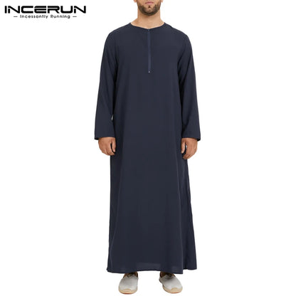 INCERUN Men Muslim Arabic Kaftan Islamic Long Sleeve Abaya Robes Solid Color Saudi Arabia Dress Jubba Thobe Men Clothing S-5XL