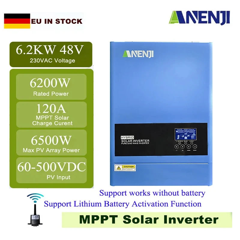 6.2KW 4KW 48V 24V Hybrid Solar Inverter MPPT Pure Sine Wave On/Off Grid Inversor 230V Built-in 120A 100A Solar Charger PV 500V