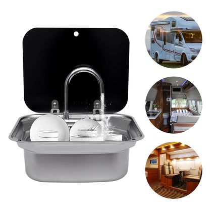 Steel Hand Wash Basin Sink with tap with Folded Faucet Tempered Glass Lid van Camper Trailer Accessories for RV Caravan or Boat