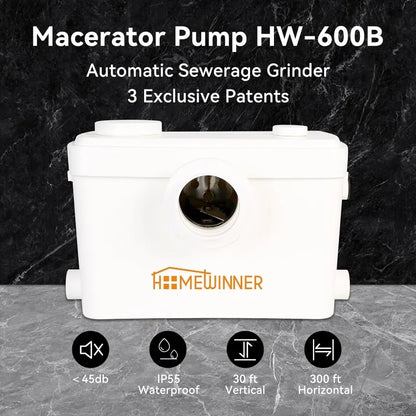 Macerator Pump 600W Toilet Upflush Sewage Grinder Pump System up to 30 ft for Basement Full Bathroom and Off-Grid RV Home