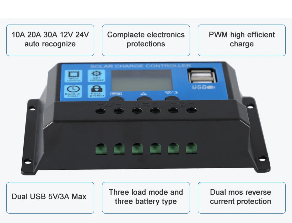 ECGSOLAX PWM Solar Charge Controller 10A 20A 30A 40A 50A 60A 12V/24V Battery Charger Solar Charge Regulator With Dual USB 5V/3A