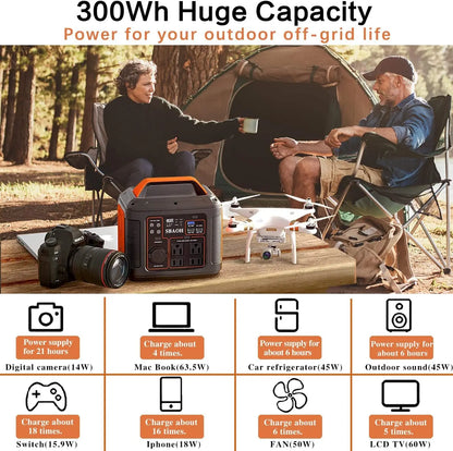 Portable Power Station 300W 296Wh Solar Generator Quick Charge/110V AC Outlets/DC Ports and LED Flashlight Lithium Battery