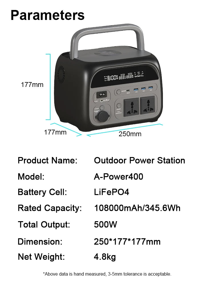 500W Portable Power Station 345.6Wh 108000mAh Solar Generator LiFePo4 Batteries 220V Energy Storage Supply Camping Campervan RV