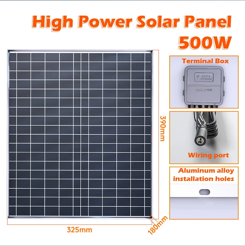 500W Solar Panel 12V Polycrystalline Silicon Solar Charging Panel Kit Outdoor Household Portable Rechargeable Solar Cell Charger