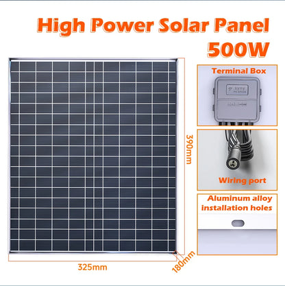 500W Solar Panel 12V Polycrystalline Silicon Solar Charging Panel Kit Outdoor Household Portable Rechargeable Solar Cell Charger