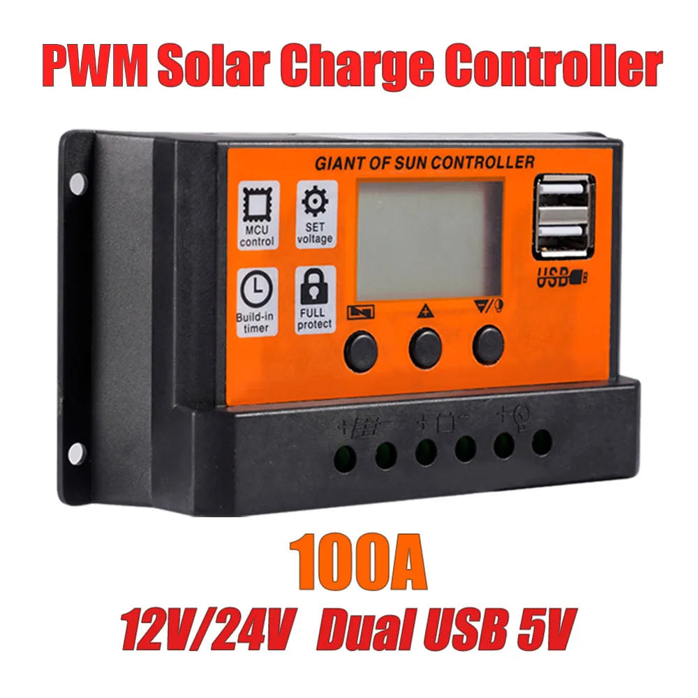 100A/80A/60A/30A PWN Auto Solar Charge Controller Dual USB LCD Display Output 5V Auto MPPT Solar Panel Battery Charge Regulator