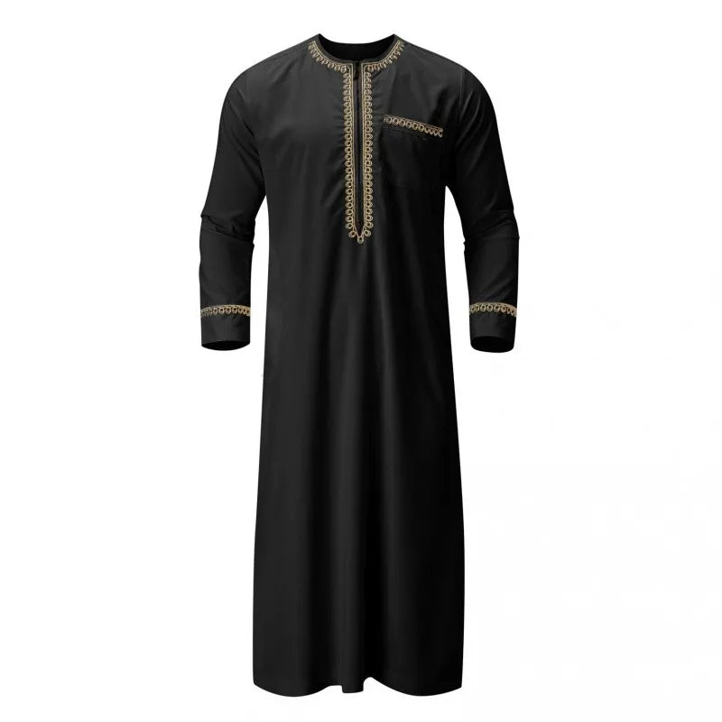 Men's Muslim Robes Middle East Arab Ramadan Islamic Clothing Solid Color Casual Lace Round Neck Long Sleeve T-shirt Dress Tunic