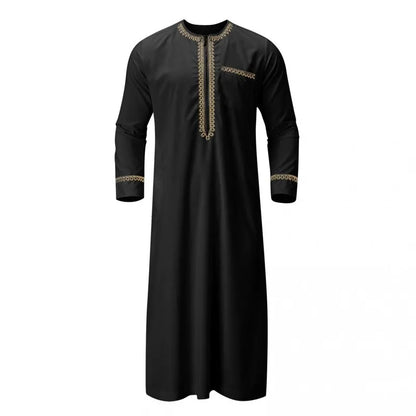 Men's Muslim Robes Middle East Arab Ramadan Islamic Clothing Solid Color Casual Lace Round Neck Long Sleeve T-shirt Dress Tunic