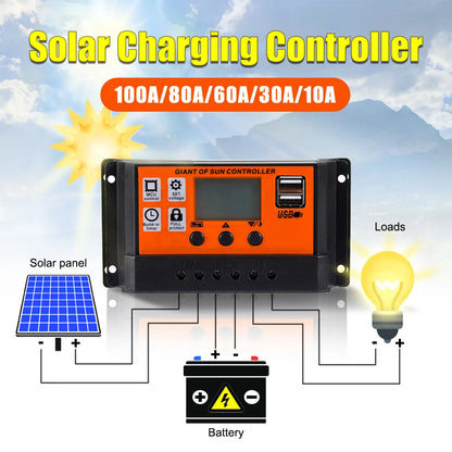 100A/80A/60A/30A/10A PWN Auto Solar Charge Controller Dual USB LCD Display Output 5V Auto Solar Panel Battery Charge Regulator