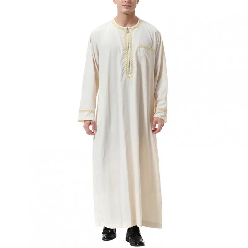 Men's Muslim Robes Middle East Arab Ramadan Islamic Clothing Solid Color Casual Lace Round Neck Long Sleeve T-shirt Dress Tunic