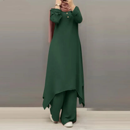 Traf Muslim Pants Suit Women Long Sleeve Blouse Abaya Loose Matching 2-pc Set Solid Bottoming Shirts Fashion Clothing StreetWear