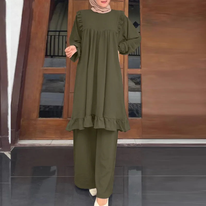 Ramadan Eid Muslim Two Piece Set Shirt &Pants Women Suits Shirt Blouse Musulman Ensembles Moroccan Kaftan 2025 Dress Sets