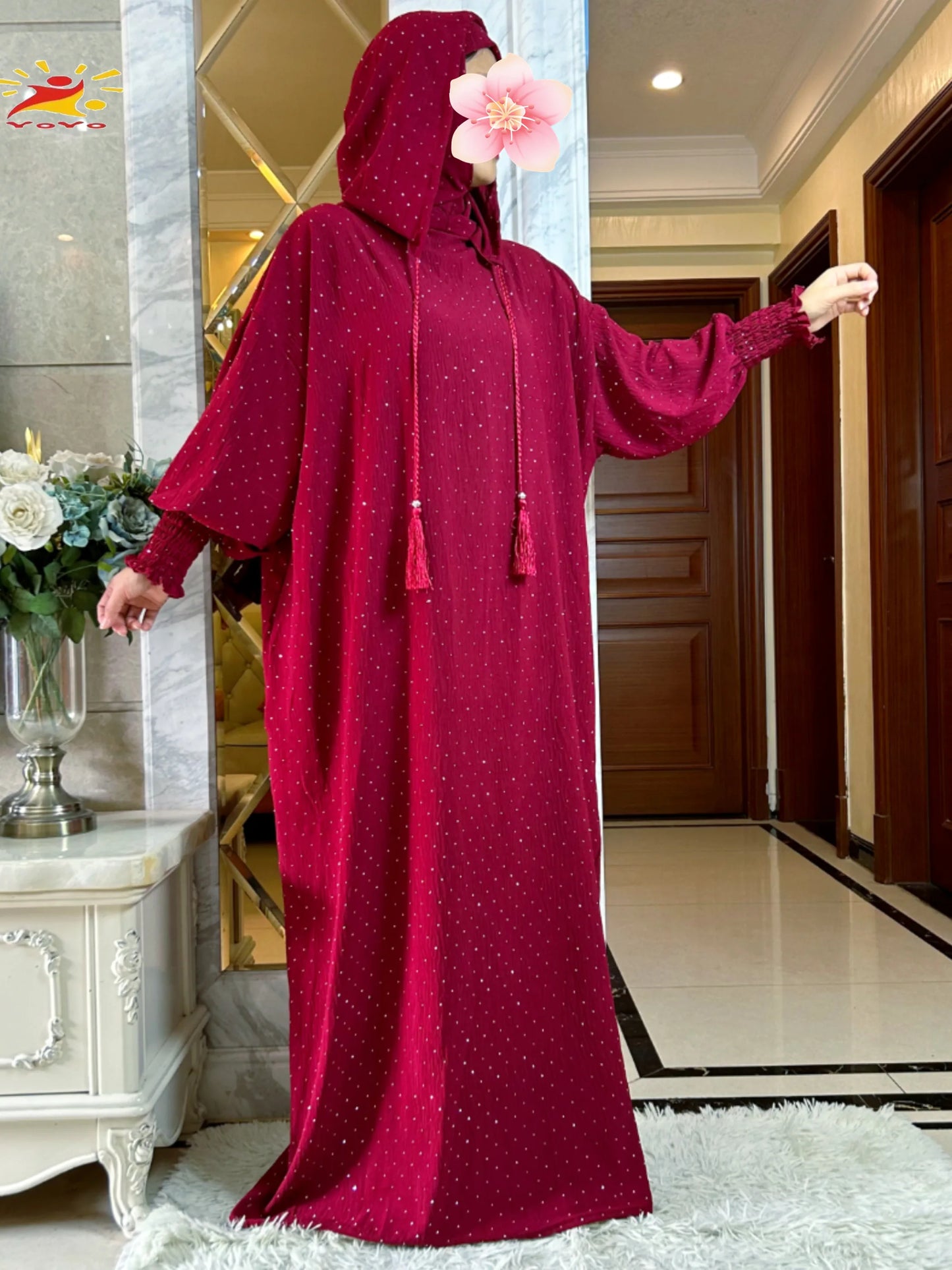 New Ramadan Muslim Double hat Solid Cotton Abaya Dubai Turkey Islam Prayer ClothesWith Stones Dress Islam Women Dress Kaftan