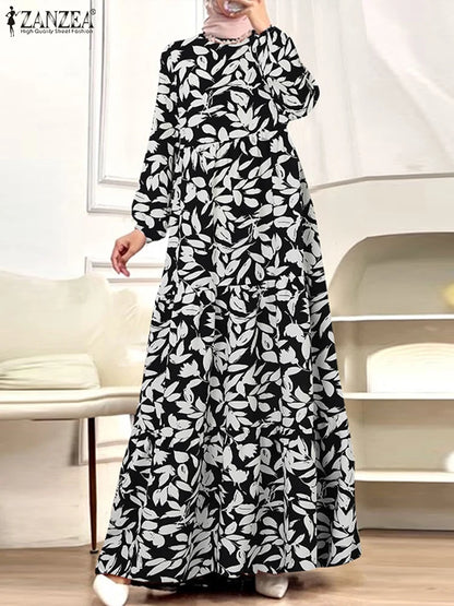 Bohemain Floral Printed Dresses ZANZEA Fashion Autumn Women Long Sleeve Muslim Abaya Robe Femme IsIamic Hijab Sundress Vestidos