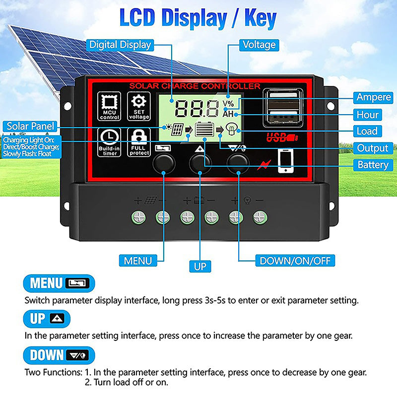 10/20/30/40/50/60/70/80/90/100A New Solar Controller Digital Display LCD Screen Automatic Solar Panels Battery Charge Controller