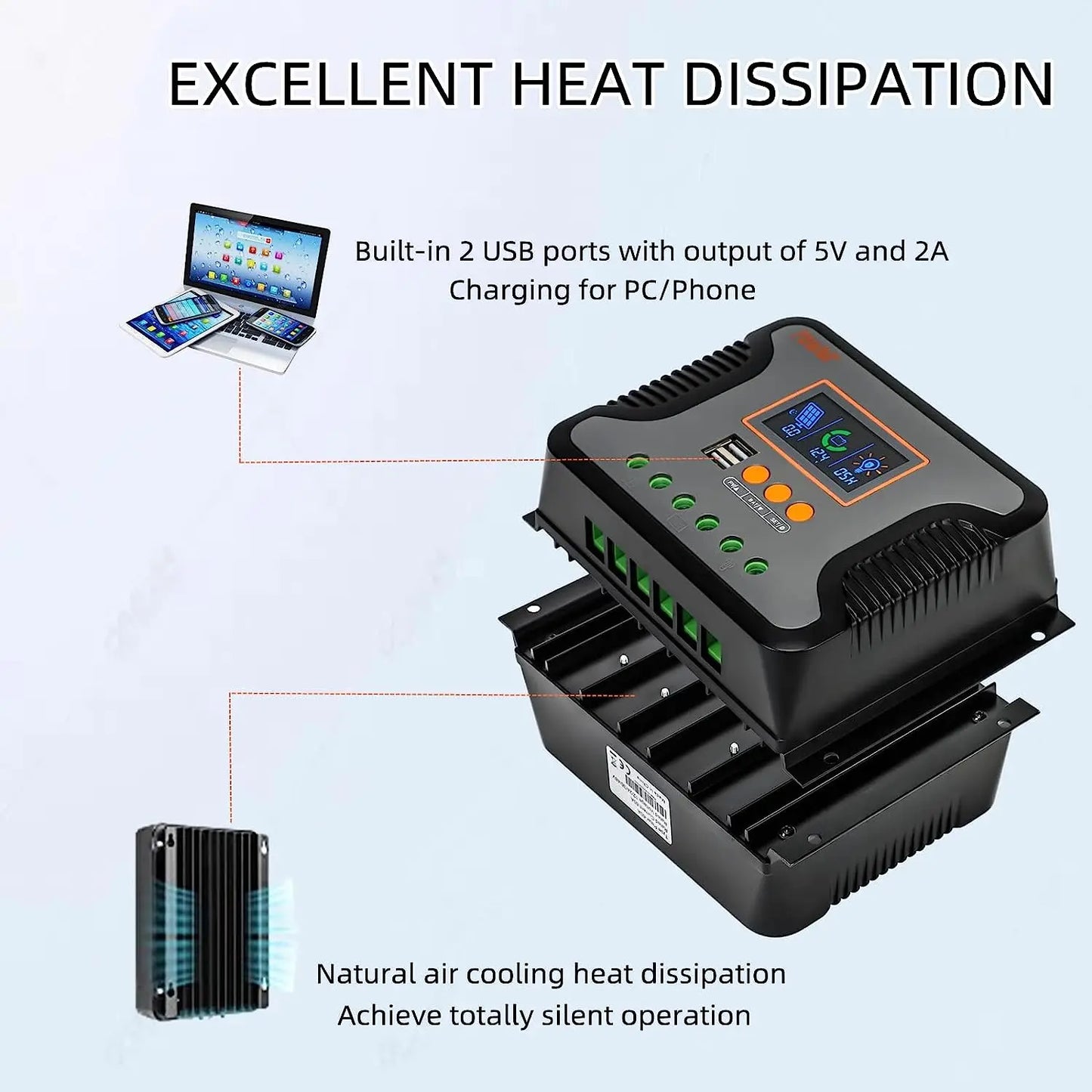 30A 60A 80A PWM Solar Charger Controller 12V 24V 36V 48V Auto Max PV 100Vdc with Dual USB Port Backlight LCD Display Regulator