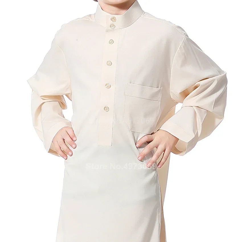 Muslim Robe Teenager Kids Saudi Arabia Pakistan Boy Middle East Full Sleeve Jubba Islamic Clothing Men Party Thobe Kaf MN4