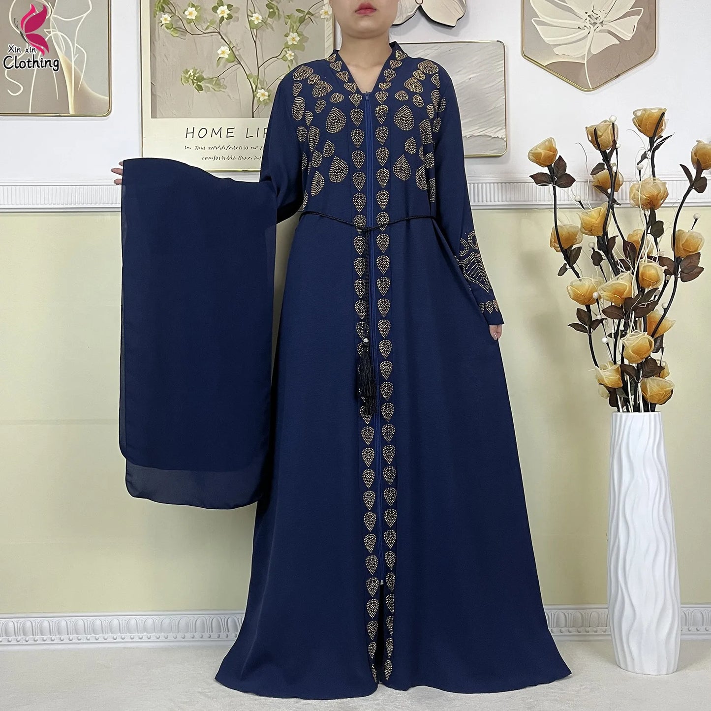 New Muslim Abayas For Women Long Sleeved Dress Dubai Lady Elegant Long Dress Islam Clothing African Abaya Loose Robe With Turban