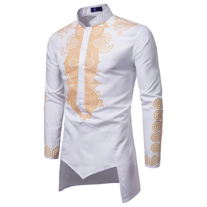 2023 Muslim Men shirts Luxury Casual Islamic Arabic Abaya Robe Fashion Ethnic Print Stand Collar Youth Mid-length Cosplay Cos