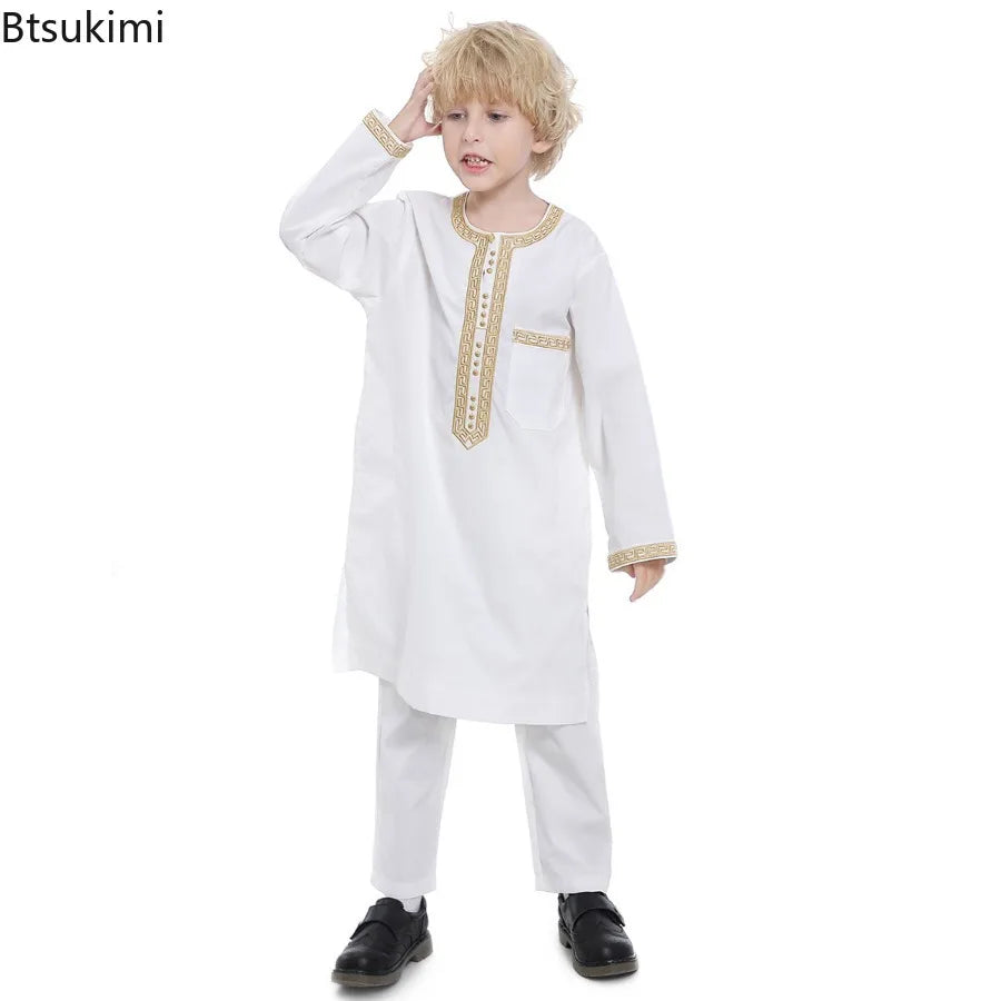 2025 Muslim Children Robe 2pc Set Long Sleeve Embroidery Dress Shirt+Pants Boys Fashion Abaya Kaftan Thobe Kids Islamic Clothing