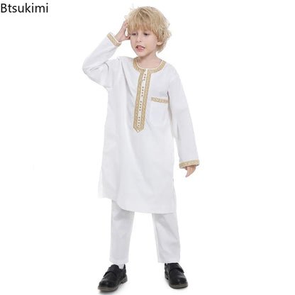 2025 Muslim Children Robe 2pc Set Long Sleeve Embroidery Dress Shirt+Pants Boys Fashion Abaya Kaftan Thobe Kids Islamic Clothing