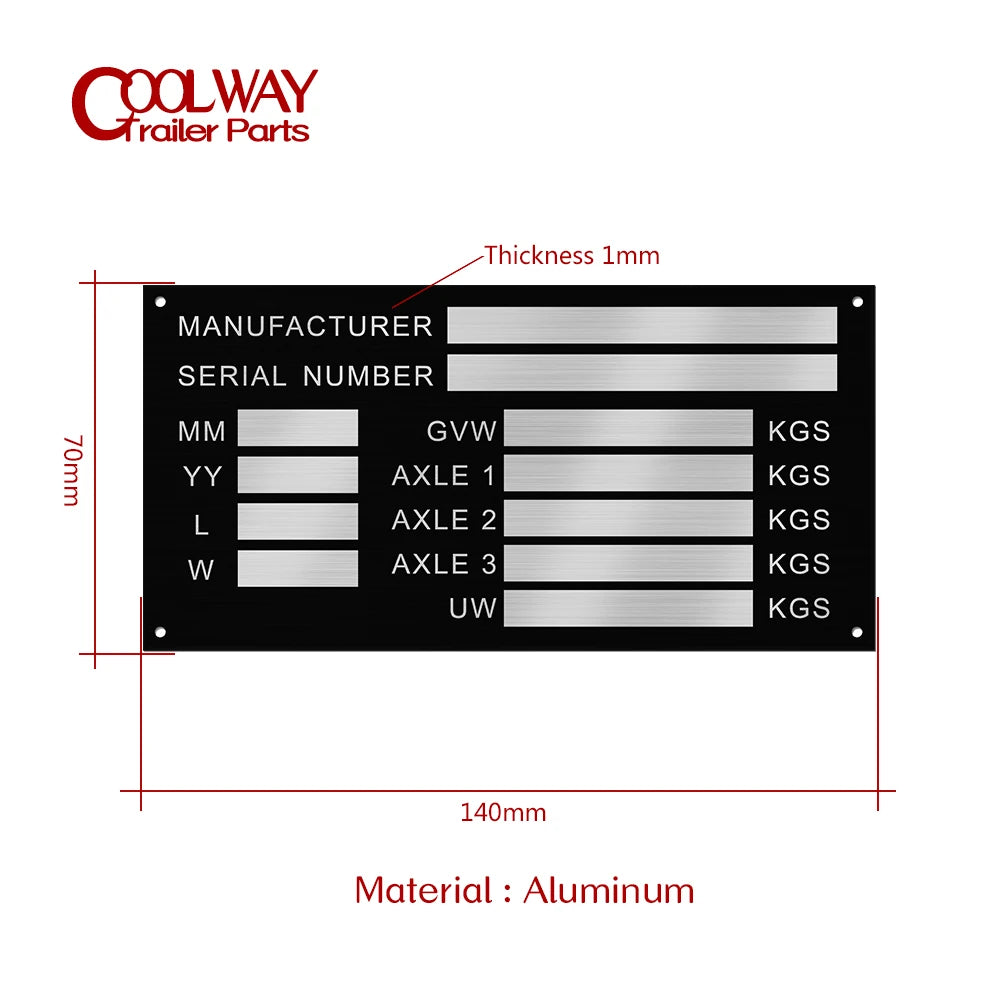 Blank or Engraved Aluminum Trailer Weight Plates Plant Flatbed Min-Digger Vin Chassis Caravan RV Camper Parts