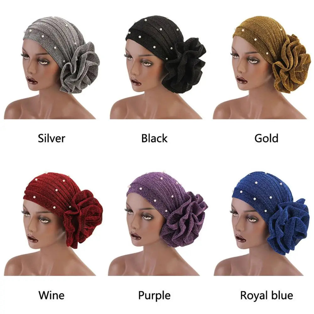 Women Cancer Chemo Cap Big Flower Shiny Silk Muslim Hat Hair Loss Head Scarf Pearls Elastic Turban Head Wrap Cover