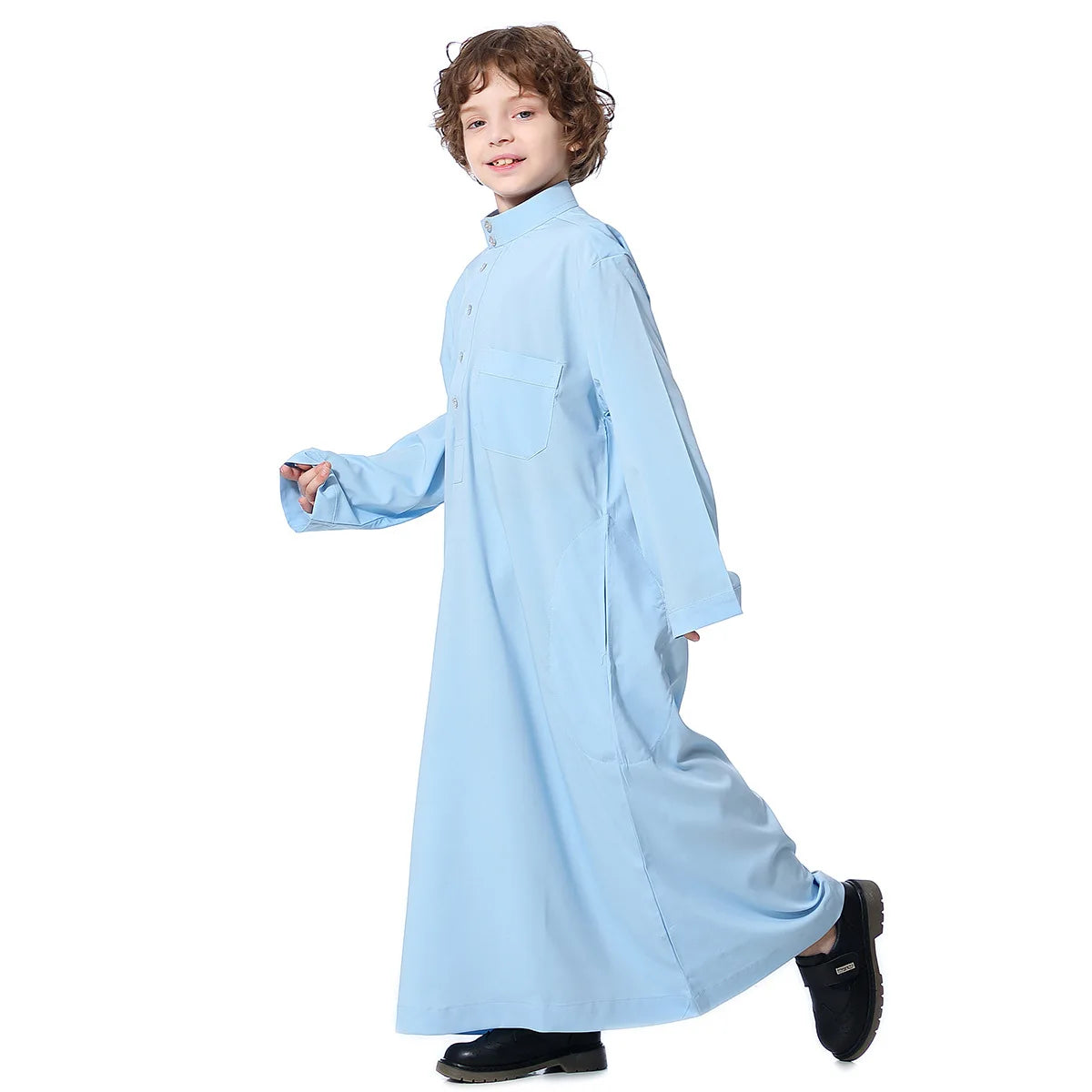 Boys Islamic Clothing Kids Muslim Jubba Thobe Solid Long Sleeve Stand Collar Kaftan Robes Arab Dubai Children Casual Abaya Dress