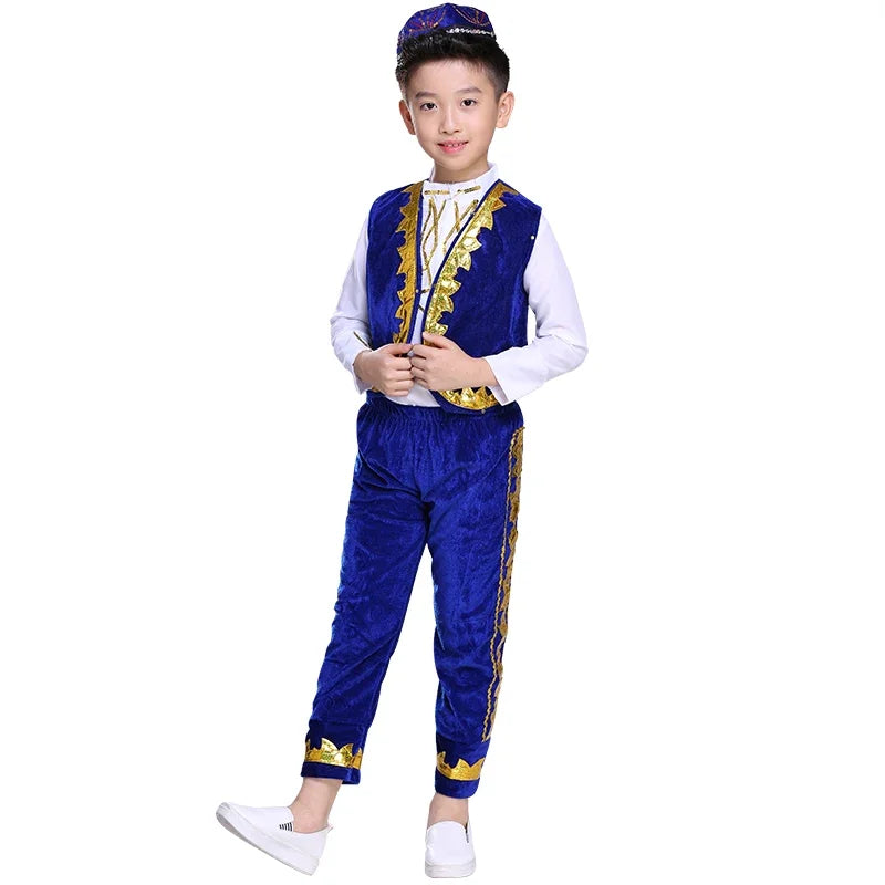 Traditional Muslim Clothing for Islamic Boy Arabic Jubba Thobe Arab Performance Saudi Arabia Dance Wear Top Pant Hat Set