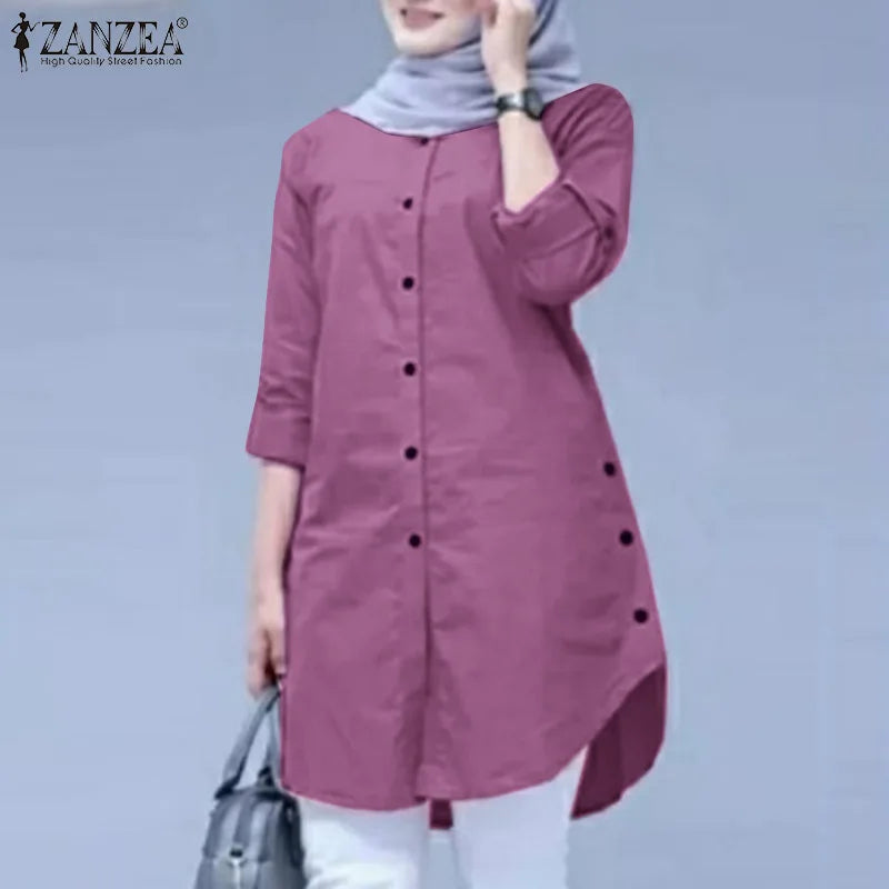 ZANZEA Fashion Abaya Muslim Blouse Woman Casual Holiday Baggy Shirt Long Sleeve O-Neck Tops Elegant Solid Islamic Clothing 2024