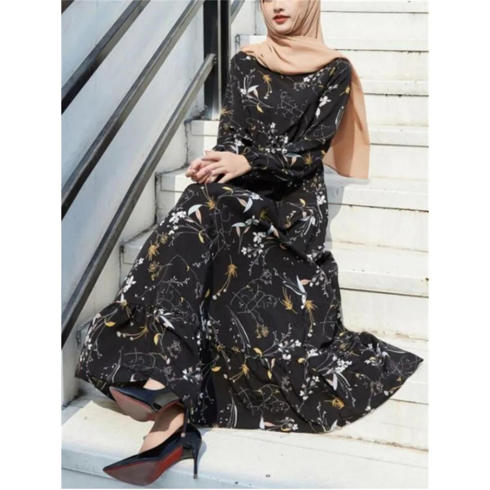 Spring Summer Female Solid Full Sleeve O-neck Casual Dress Women Bohemian Long Dress Woman Muslim Maxi Dresses