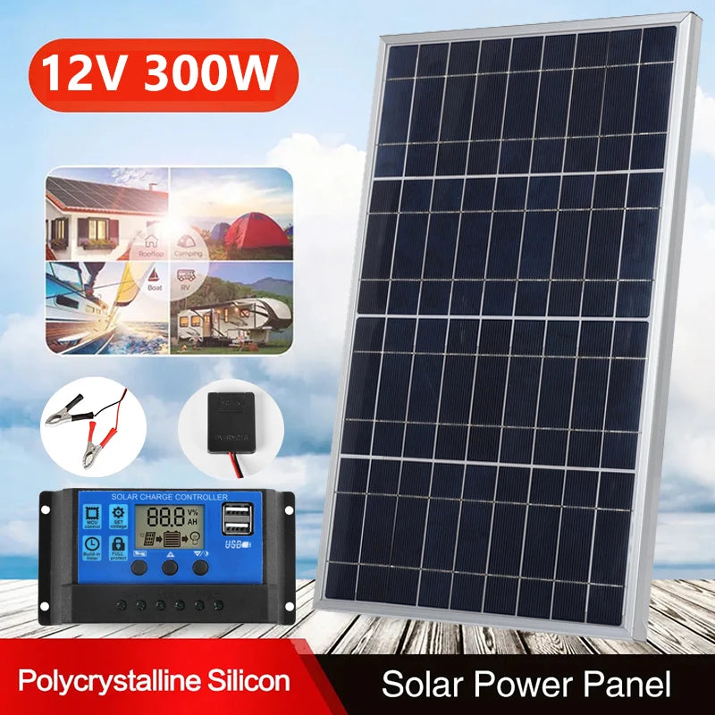 300W Solar Panel Kit Complete 12V Polycrystalline USB Power Portable Outdoor Rechargeable Solar Cell Solar Generator for Home