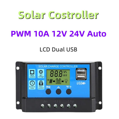 10A 12V 24V PWM Solar Controller Light &Time Control Auto Adapte Solar Charge MCU Controller Dual USB Port LCD Display Hot Sale