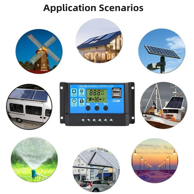 Upgraded 10A 20A 30A Solar Controller 12V/24V Auto Solar Panel PV Regulator PWM Battery Charger 5V Output LCD Display Dual USB