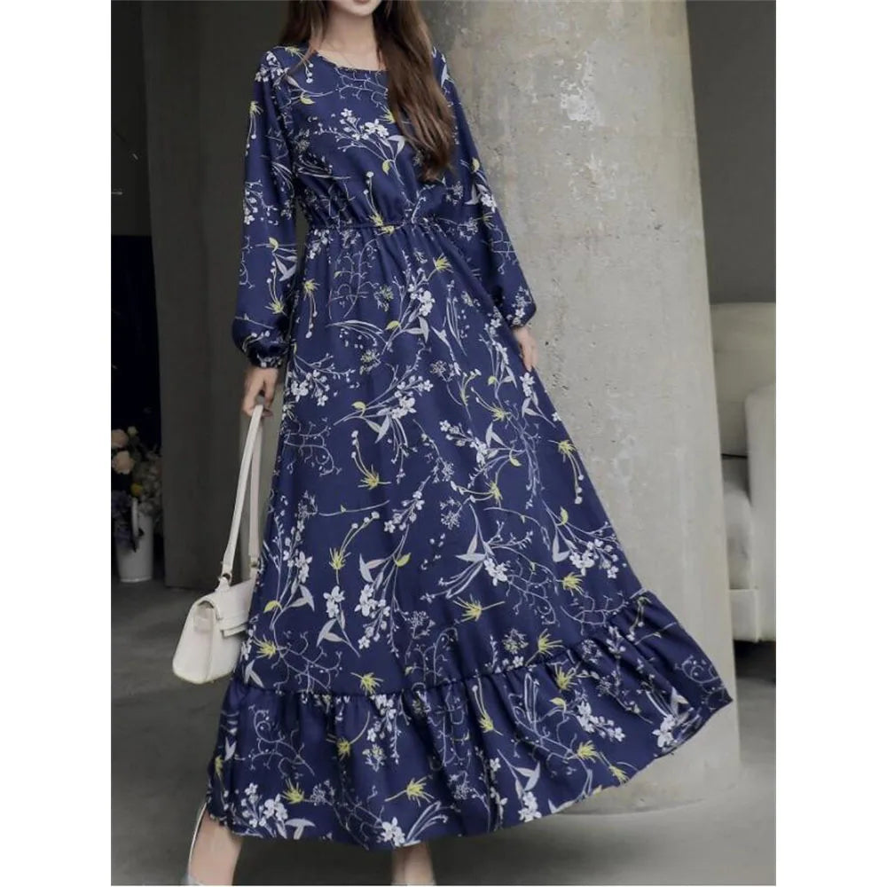 Spring Summer Female Solid Full Sleeve O-neck Casual Dress Women Bohemian Long Dress Woman Muslim Maxi Dresses