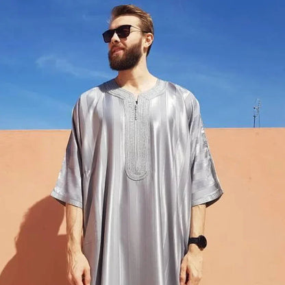 New 2025 Arab Men's Robe Abaya White Muslim Printed Clothing Men's Robe Long Dress Abaya Muslim Clothes for Men Gift Kaftan Men