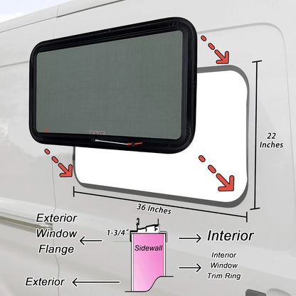 Window 36" x 22" for 1-3/4" Teardrop Trailer Wall with Trim Kit and Screen, Cargo Camper ReplacementOut EXIT Windows with S