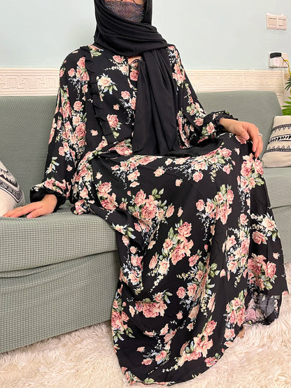 Muslim Traditional Ramadan Abayas For Women's Prayer Garment Cotton Printed Floral Boubou Loose Femme Robe Connected Headscarf